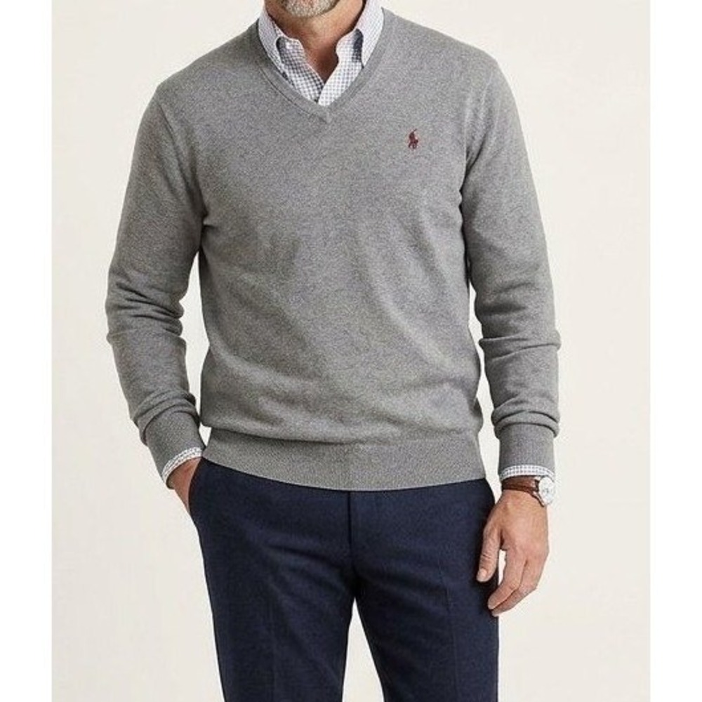 Polo Ralph Lauren Men's Grey V-Neck Sweater XXL 100% Pima Cotton Preppy Classic